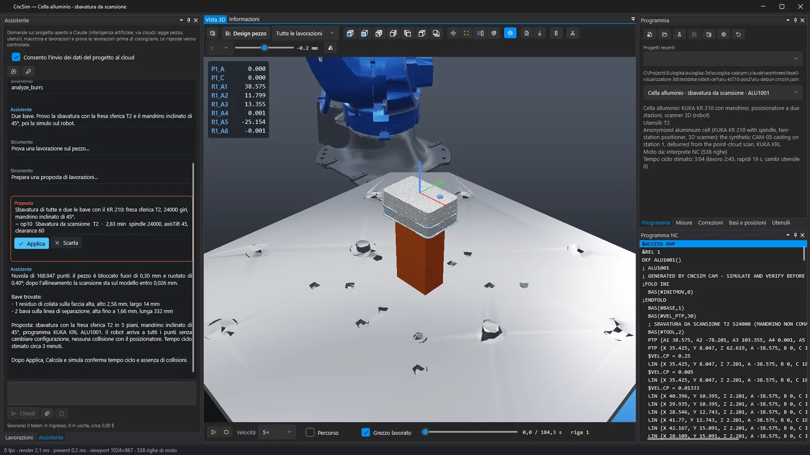 Cella alluminio: proposta di sbavatura per il KR 210, vista 3D del robot sulla fusione scansionata e programma KUKA KRL