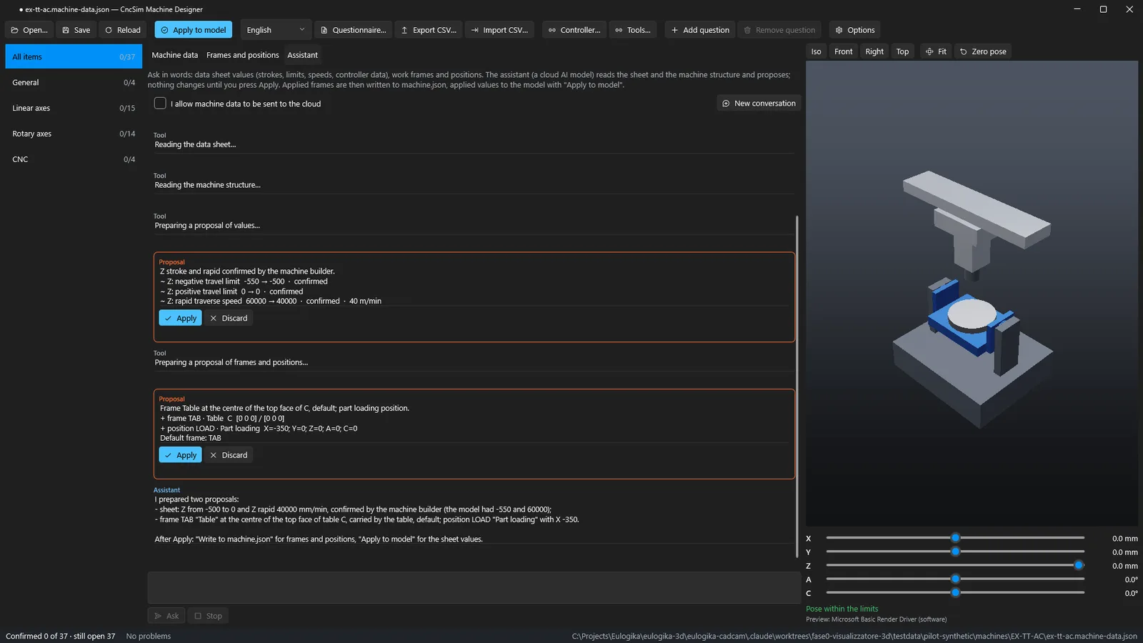 3D-Dream machine designer: the AI assistant proposes confirmed axis values, a work base on the table and a load position