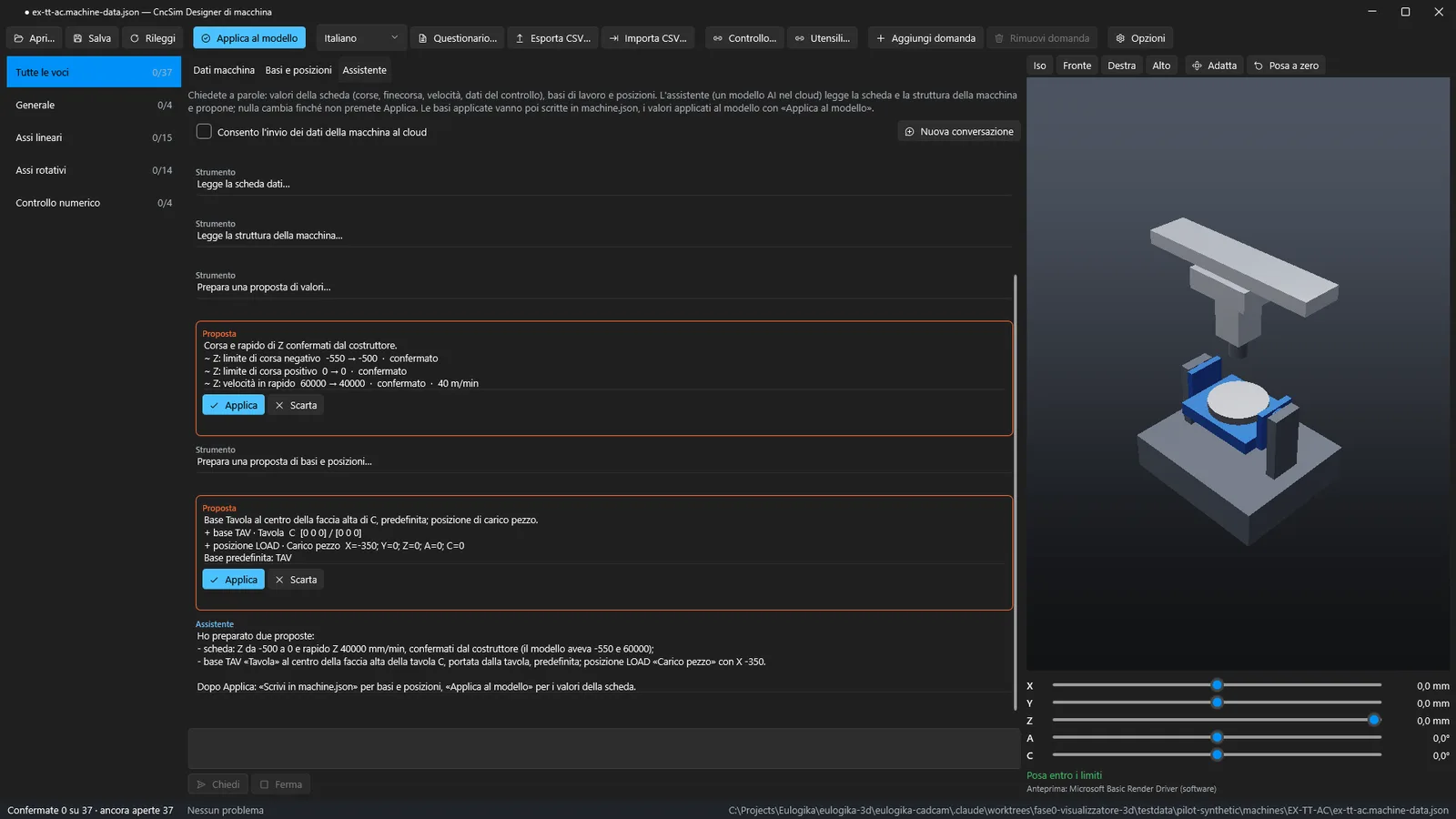 Designer di macchina di 3D-Dream: l'assistente AI propone i valori degli assi confermati, una base sulla tavola e una posizione di carico