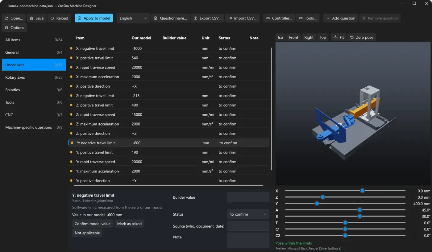 CncSim Machine Designer: table of axis data with builder values and 3D preview with axis sliders