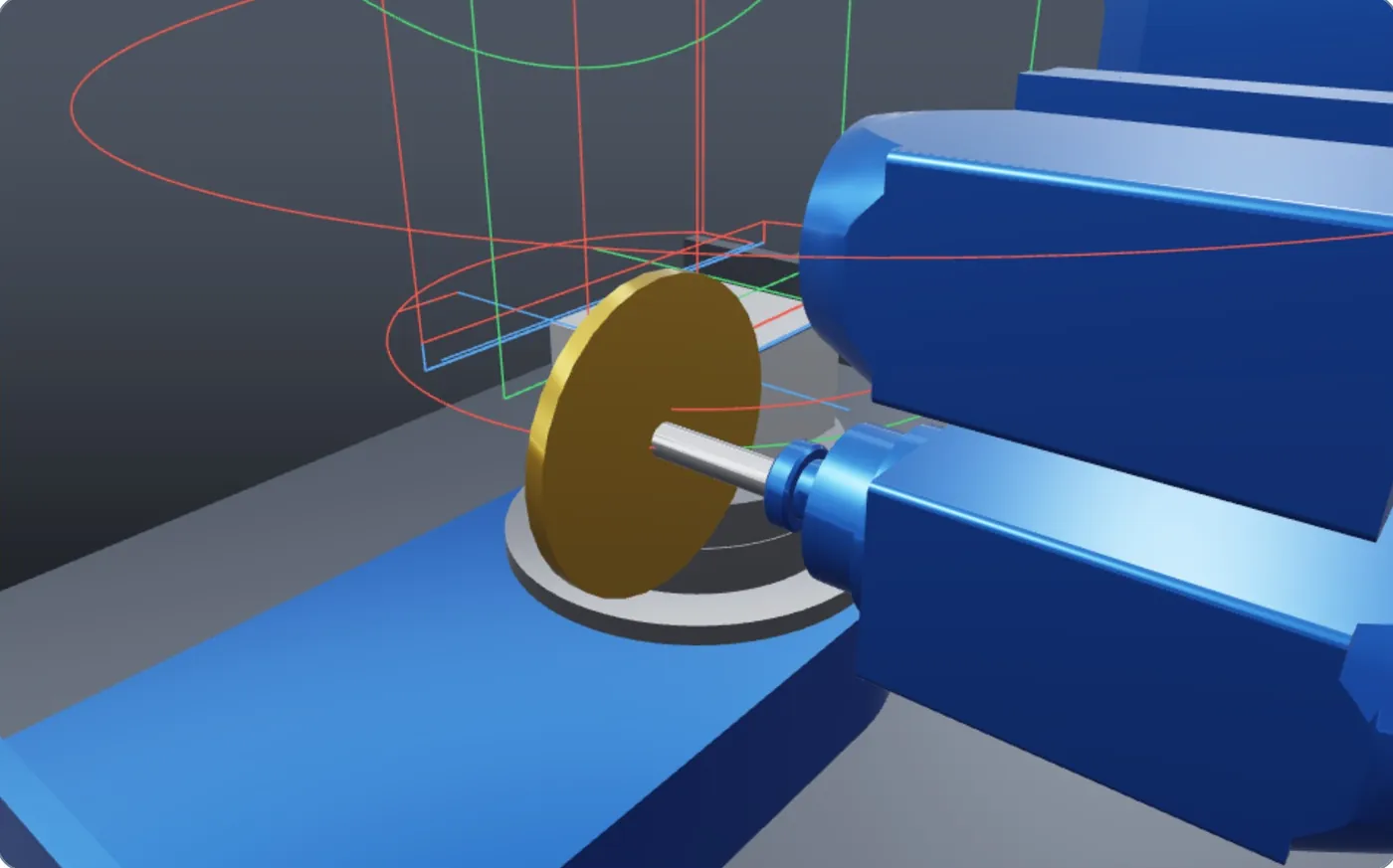 Grinding wheel working an engine block flank with the A axis at 90 degrees
