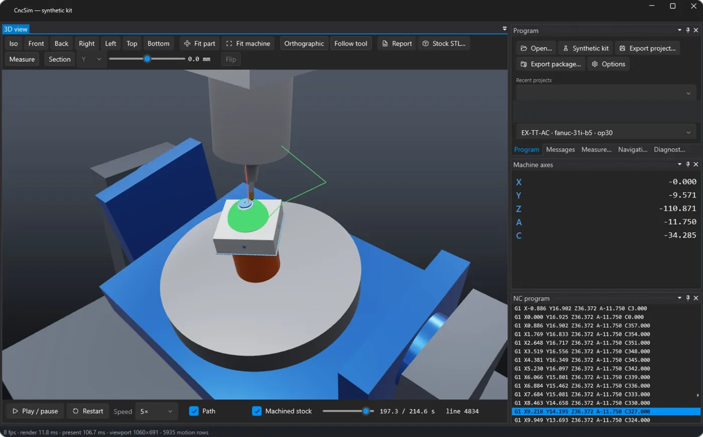 CncSim main window: 5-axis machine with tilting table, machined stock in green, axis positions and NC program