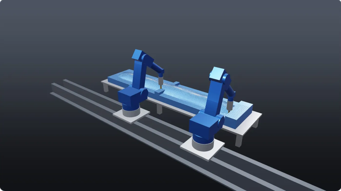 Two robots on one rail, half the time
